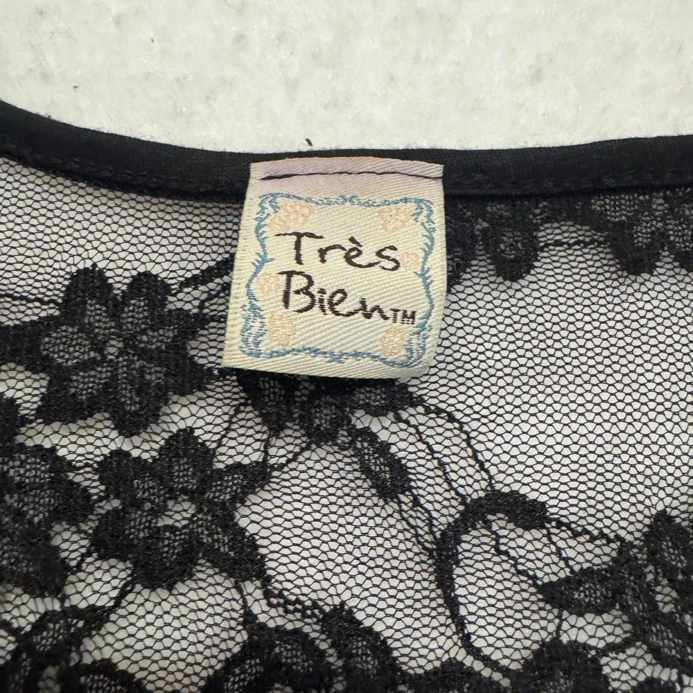 Tres Bien Womens Large‎ Lace Yoke Rose Graphic Rhinestone Tank Top Cream Black